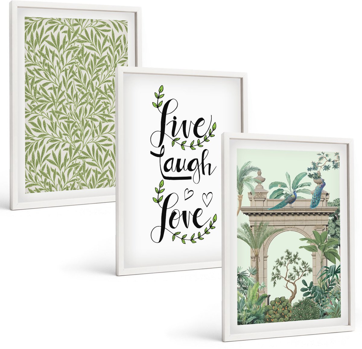 Tulup 3-Delige Schilderij Set - Groene bladeren als lettertype en exotische planten in de architectuur - 40x60 - Muurdecoratie - Decoratieve Schilderijen - Wohnzimmer