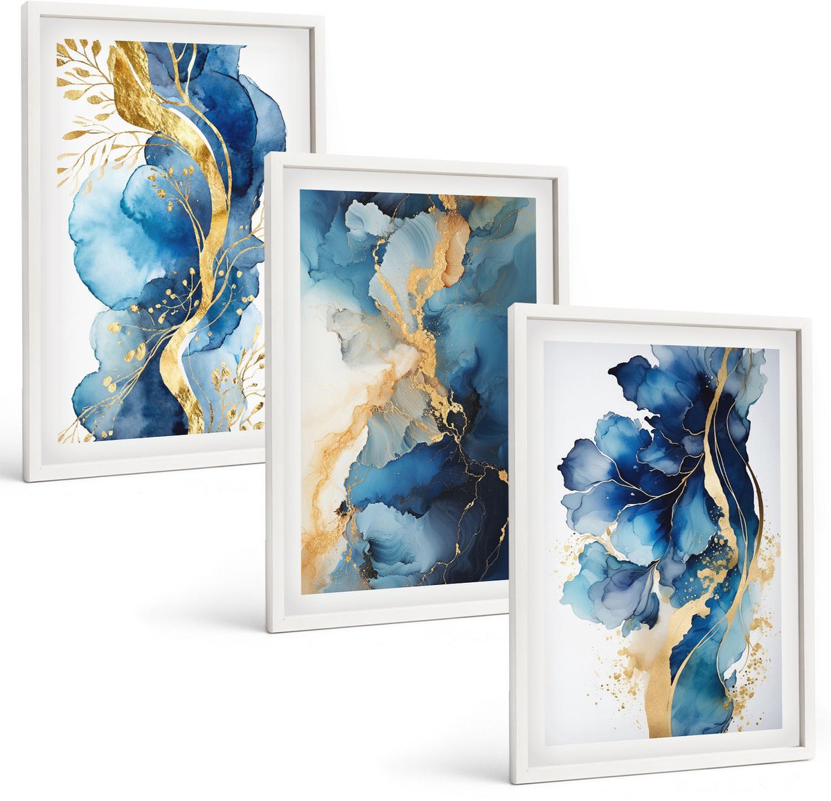 Tulup 3-Delige Schilderij Set - Blauwe abstracte patronen met subtiele accenten - 40x60 - Muurdecoratie - Interieur Decoratie - Wanddecoratie