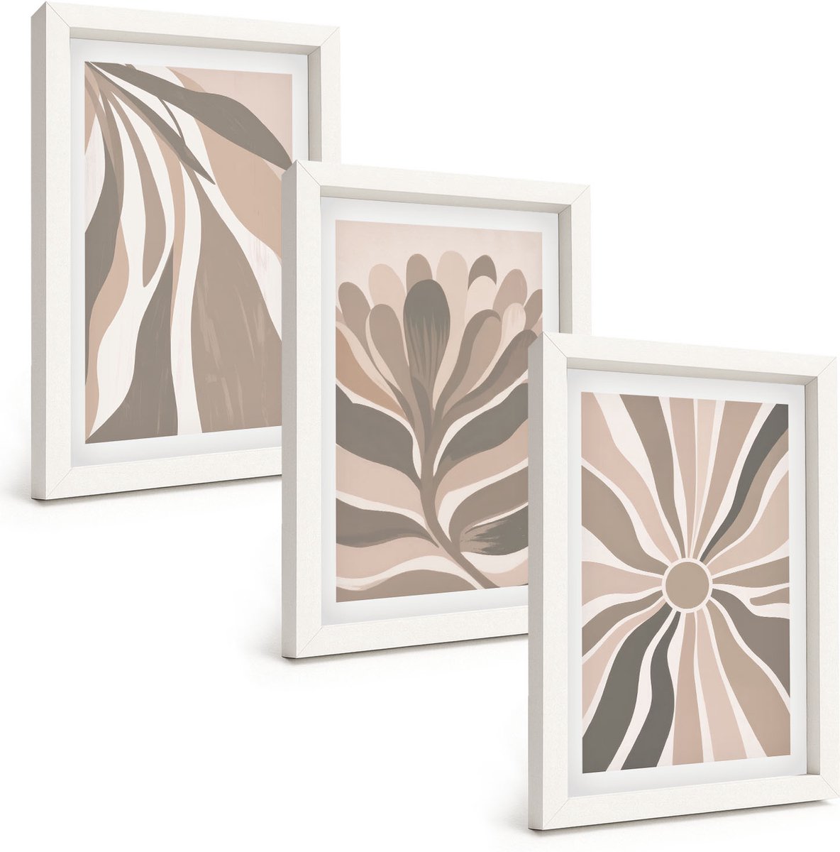 Tulup 3-Delige Schilderij Set - Abstracte plantpatronen in beige en bruine tinten. - 20x30 - Wanddecoratie - Muurdecoratie - Moderne Interieurdecoratie