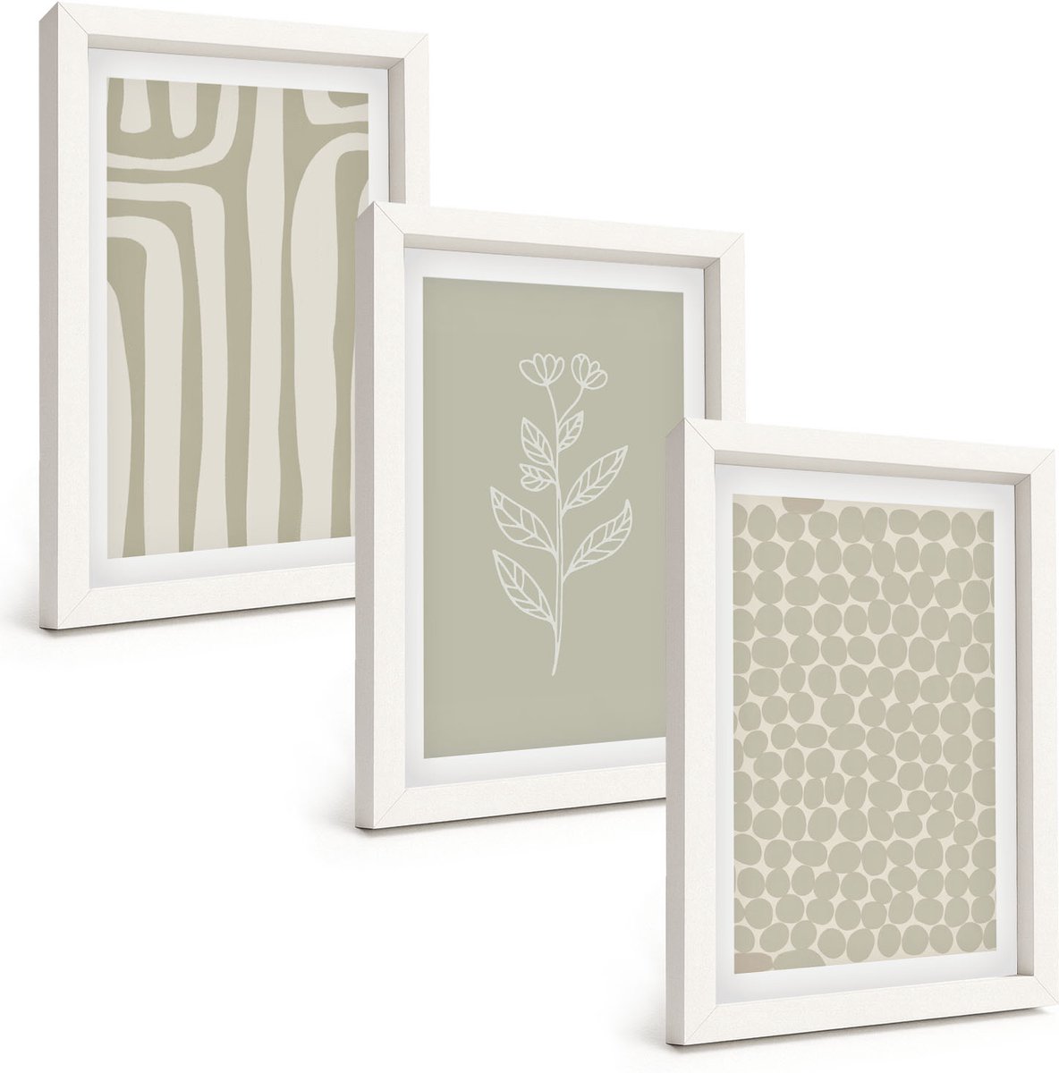 Tulup 3-Delige Schilderij Set - Plantaardige en geometrische patronen in ingetogen kleuren. - 20x30 - Moderne Wanddecoratie - Slaapkamer