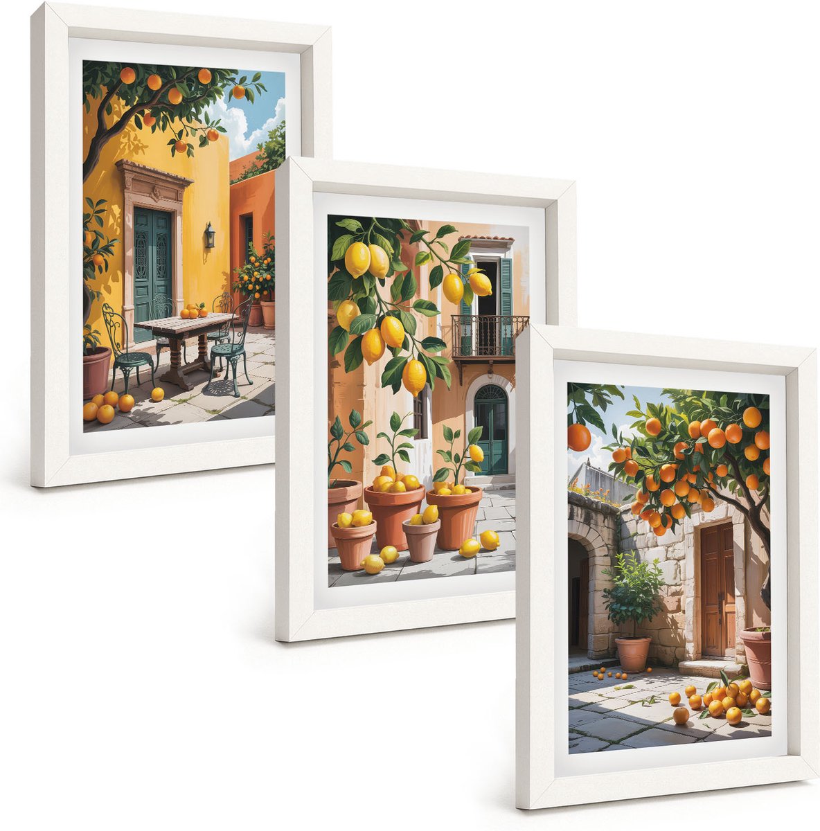 Tulup 3-Delige Schilderij Set - Citrusvruchten in een zonnige tuinscène - 20x30 - Stijlvolle Wanddecoratie - Interieur - Interieur Decoratie