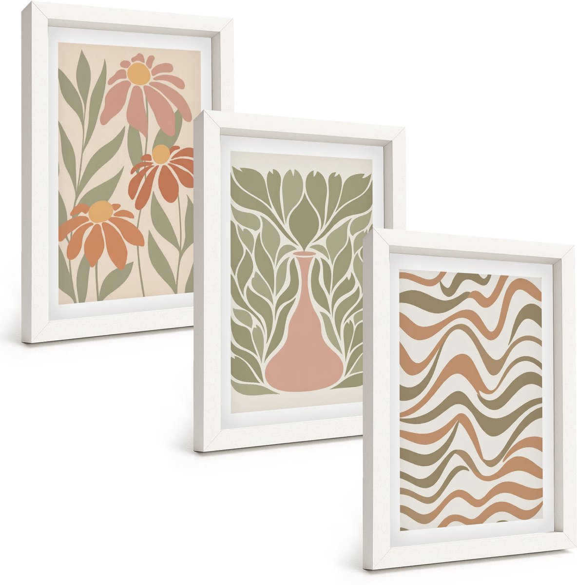 Tulup 3-Delige Schilderij Set - Pastelkleurige bloemenillustraties met golvende abstracte lijnen - 20x30 - Stijlvolle Muurdecoratie - Kantoor - Decoratieve Schilderijen