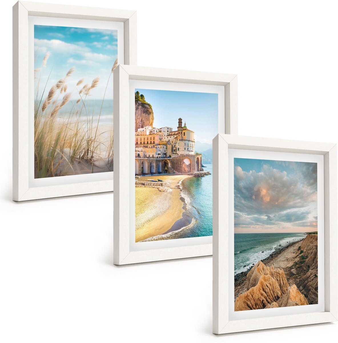 Tulup 3-Delige Schilderij Set - Kustlandschappen met strand, stad en kliffen - 20x30 - Schilderijen Set - Wanddecoratie - Woonkamer - Woonkamer Decoratie