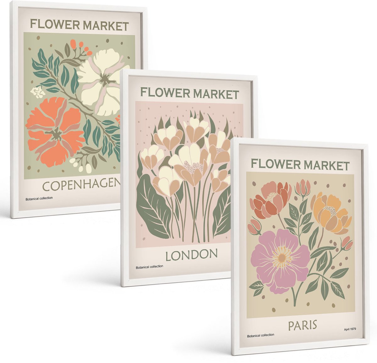 Tulup 3-Delige Schilderij Set - Bloemenposters Kopenhagen Londen Parijs - 40x60 - Wanddecoratie - Muurdecoratie - Moderne Interieurdecoratie - Interieur Decoratie