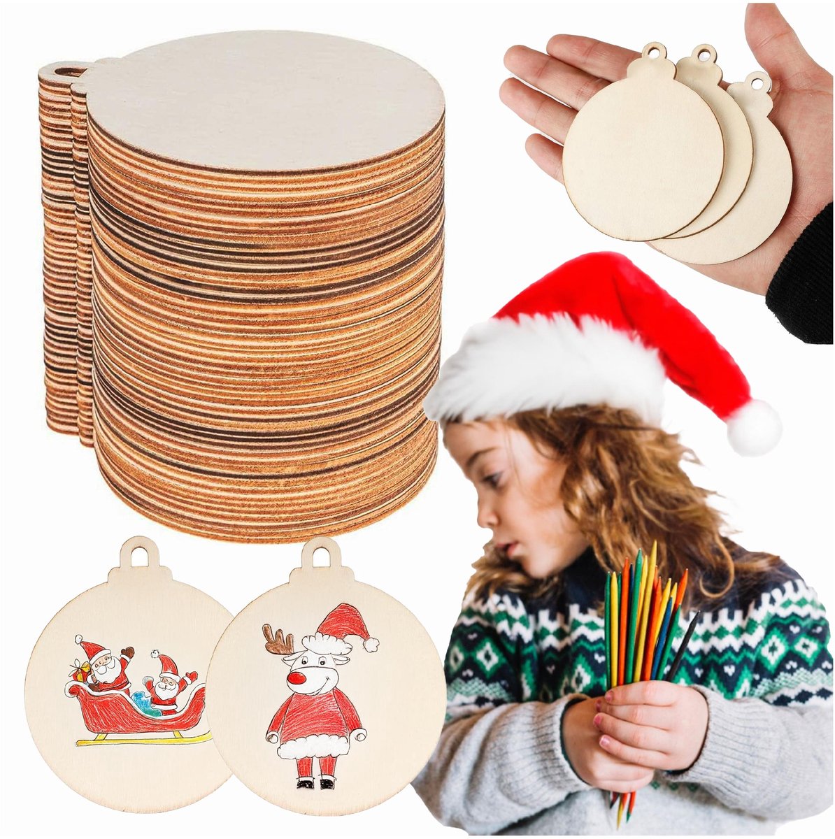 50x Houten Kerstballen DIY - Versierbare Hanger voor Kerstboom