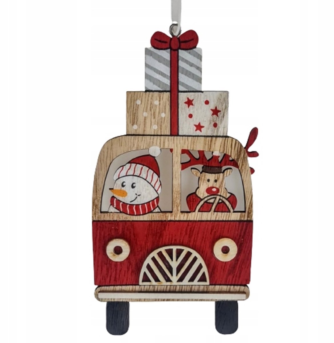Houten Kerstdecoratie Auto met Sneeuwpop en Rendier
