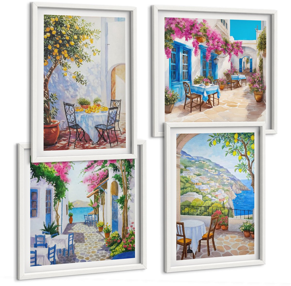 Tulup 4-Delige Schilderij Set - Sfeervolle straatjes met bloeiende planten en uitzicht op zee. - 40x40 en 40x60 - Wanddecoratie - Schilderijen Set - Kantoor - Woonkamer Decoratie