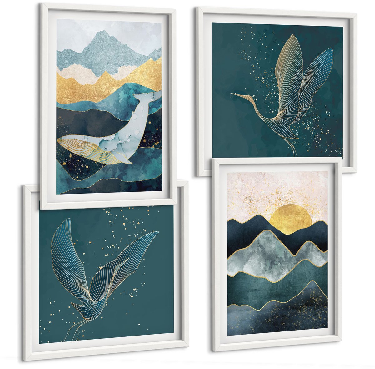 Tulup 4-Delige Schilderij Set - Abstracte berglandschappen, vliegende kraanvogels - 40x40 en 40x60 - Muurdecoratie - Schilderijen Set - Woonkamer - Decoratieve Schilderijen