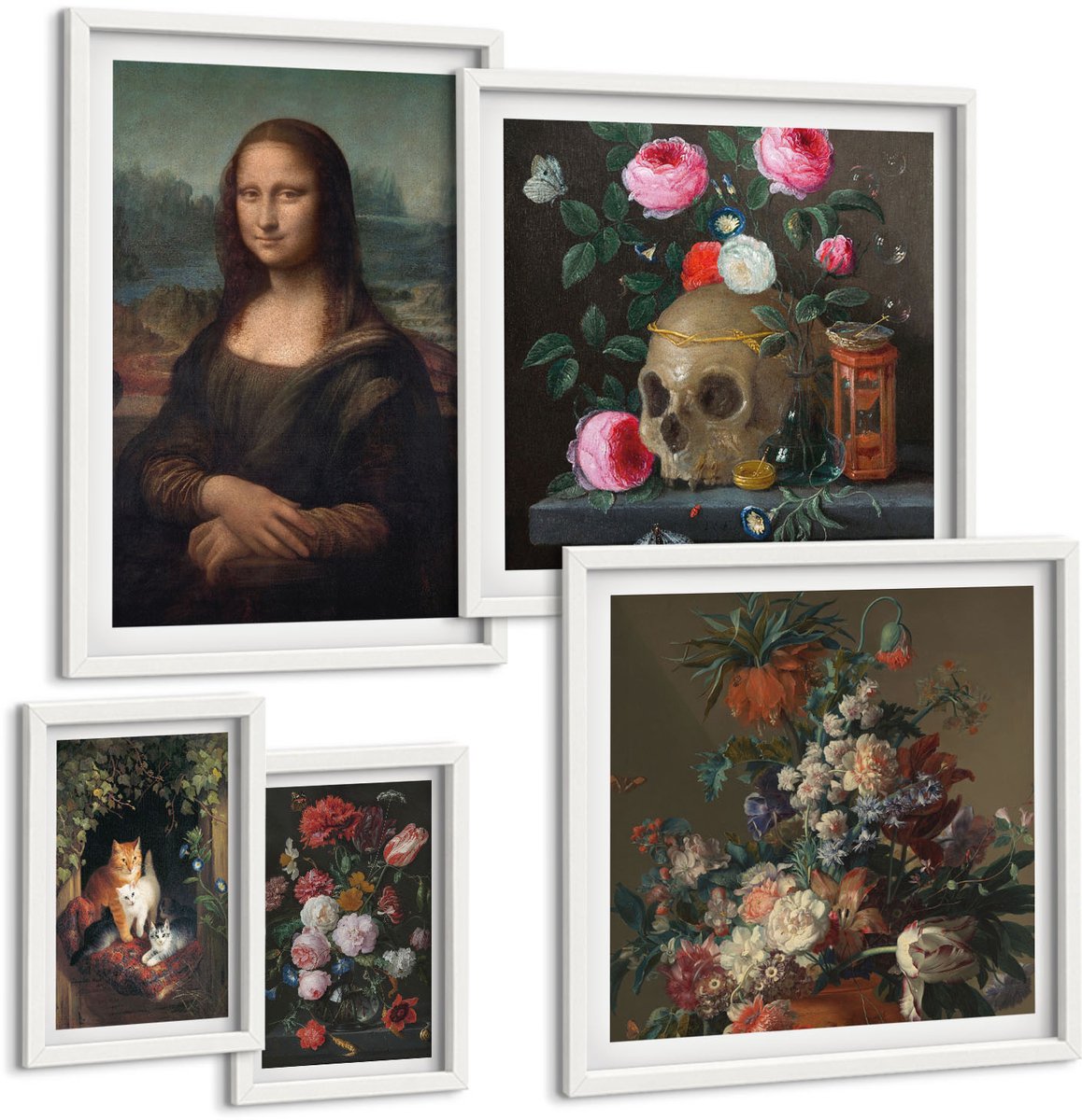 Tulup 4-Delige Schilderij Set - Bloemstukken en klassieke vintage portretten - 50 x 50 cm, 20 x 30 cm en 40 x 60 cm - Decoratieve Schilderijen - Wanddecoratie - Hal - Moderne Wanddecoratie