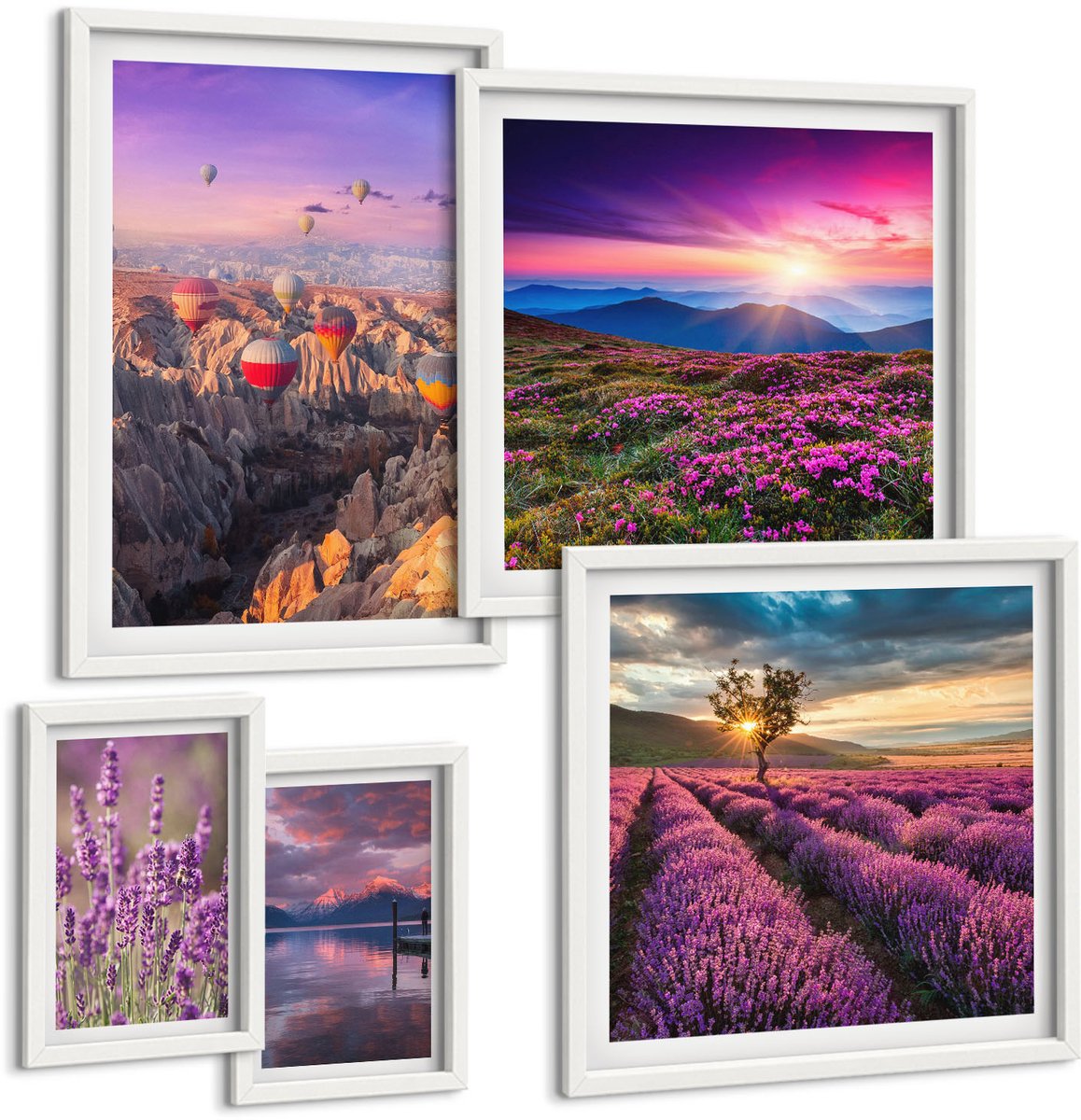 Tulup 4-Delige Schilderij Set - Landschappen met lavendel en heteluchtballonnen - 50 x 50 cm, 20 x 30 cm en 40 x 60 cm - Decoratieve Schilderijen - Wanddecoratie - Hal - Interieur Decoratie