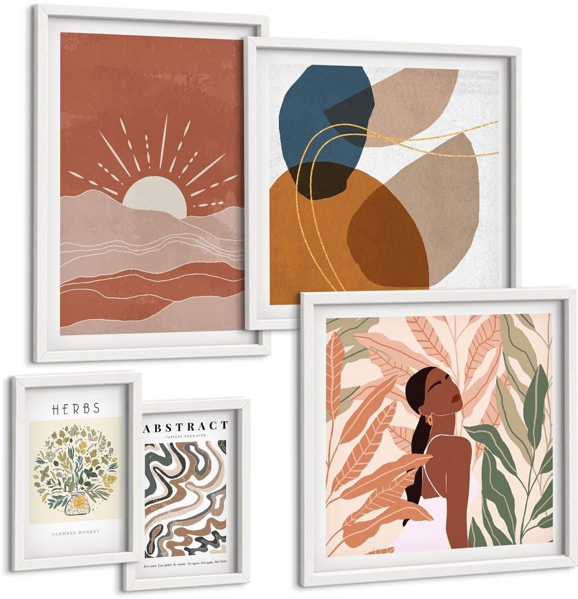 Tulup 4-Delige Schilderij Set - Boho-stijl met plantmotieven en abstracte patronen. - 50 x 50 cm, 20 x 30 cm en 40 x 60 cm - Muurdecoratie - Wanddecoratie - Slaapkamer