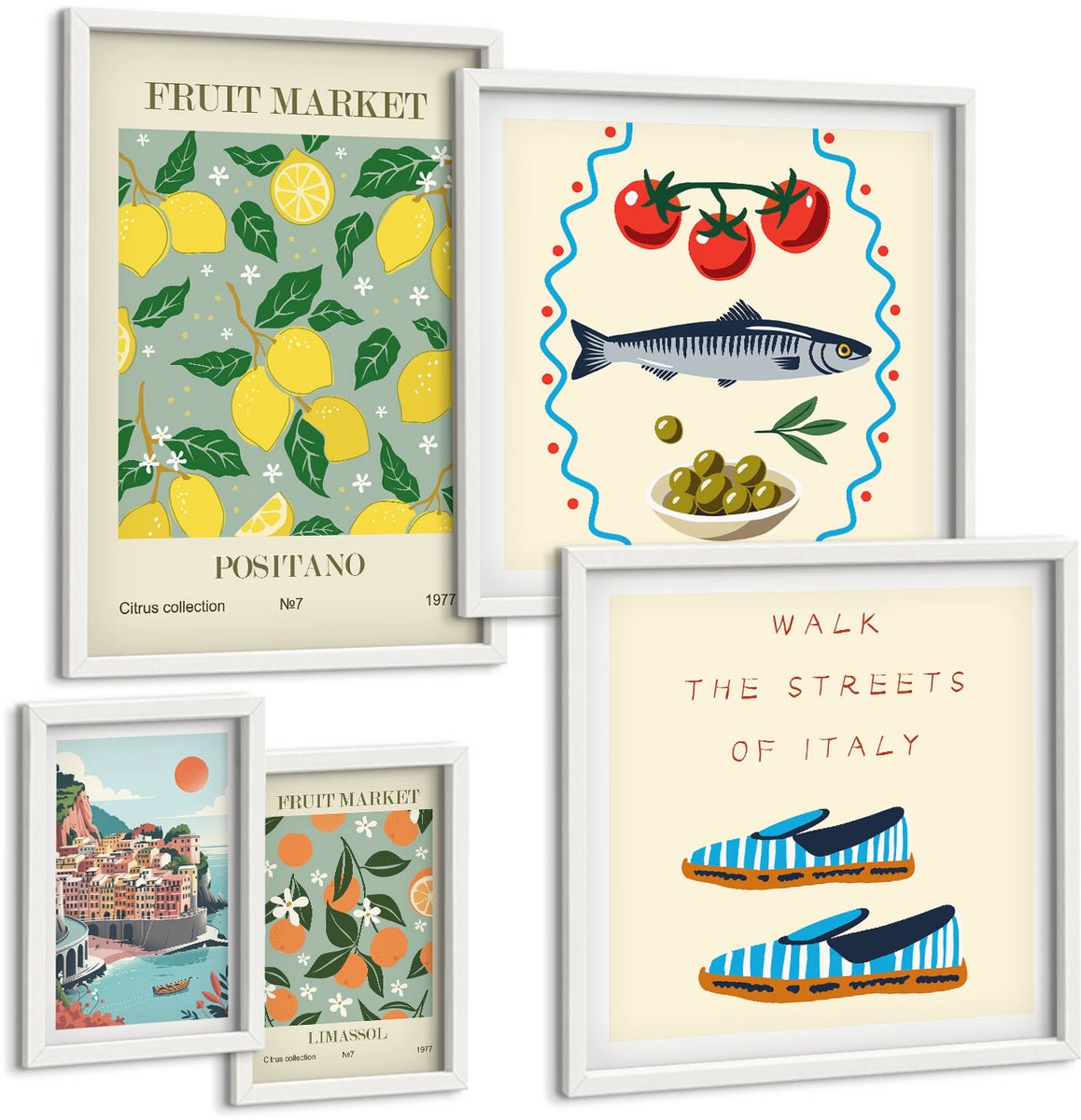 Tulup 4-Delige Schilderij Set - Verzameling van fruit en lokale markten uit Italië en het Middellandse Zeegebied - 50 x 50 cm, 20 x 30 cm en 40 x 60 cm - Muurdecoratie - Wanddecoratie - Hal - Woonkamer Decoratie