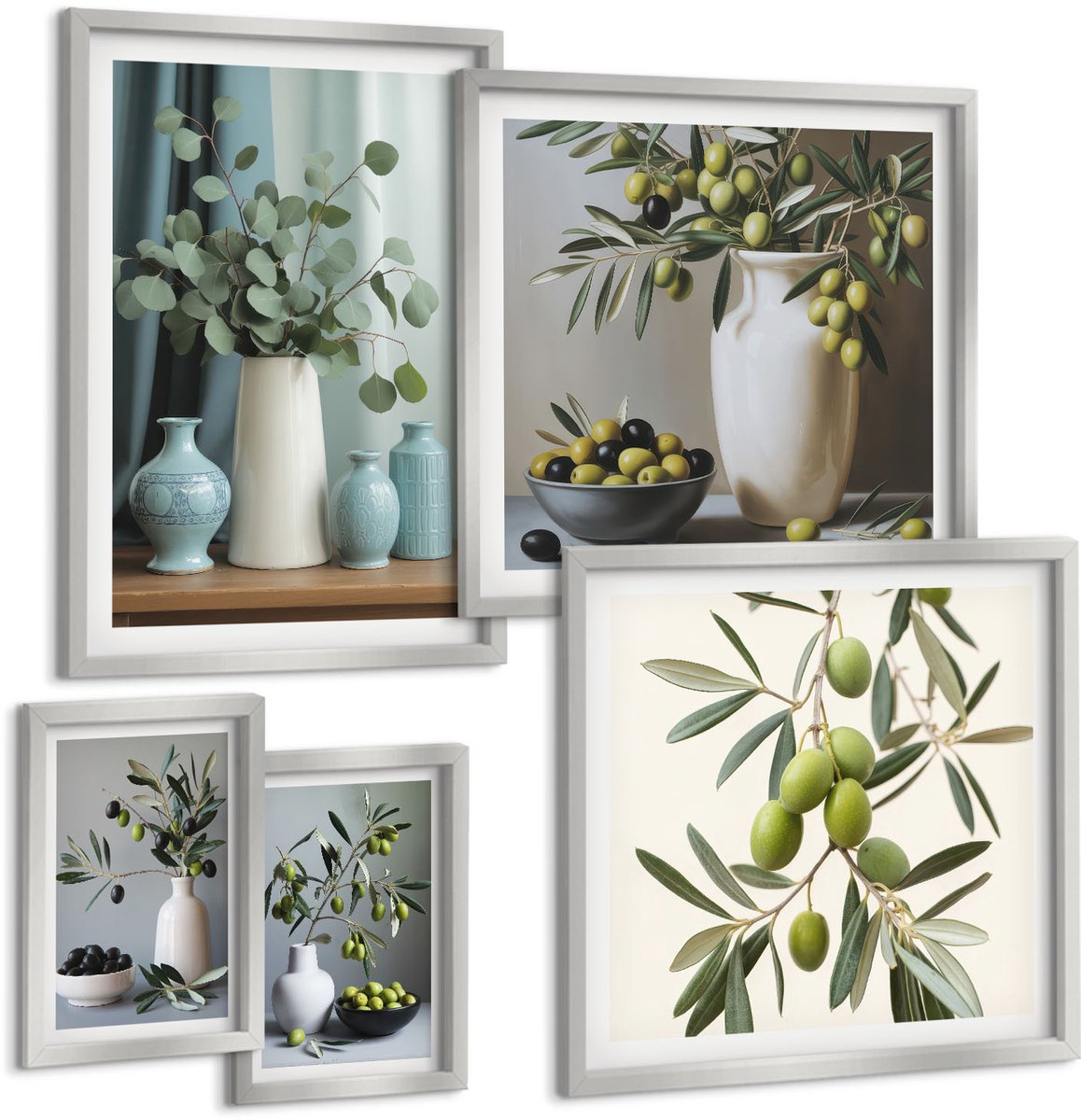 TULUP 4-Delige Schilderij Set - Groene olijven in vazen: stijlvolle keukendecoratie - 50 x 50 cm, 20 x 30 cm en 40 x 60 cm - Muurdecoratie - Wanddecoratie - Slaapkamer - Moderne Wanddecoratie Zilveren lijst
