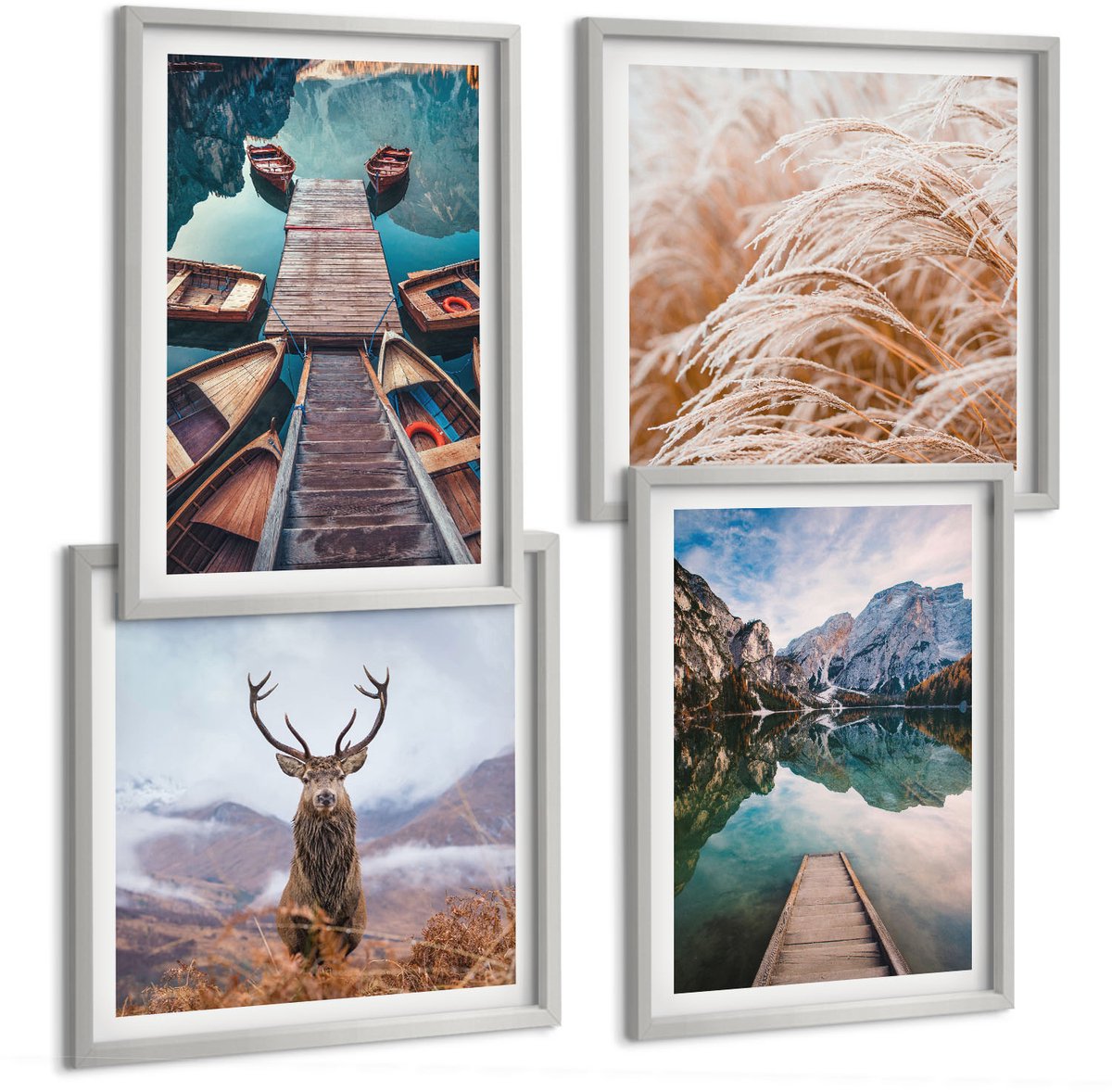 TULUP 4-Delige Schilderij Set - Meer met boten, herten en berglandschap - 40 x 40 cm en 40 x 60 cm - Muurdecoratie - Wanddecoratie - Hal - Moderne Wanddecoratie Zilveren lijst