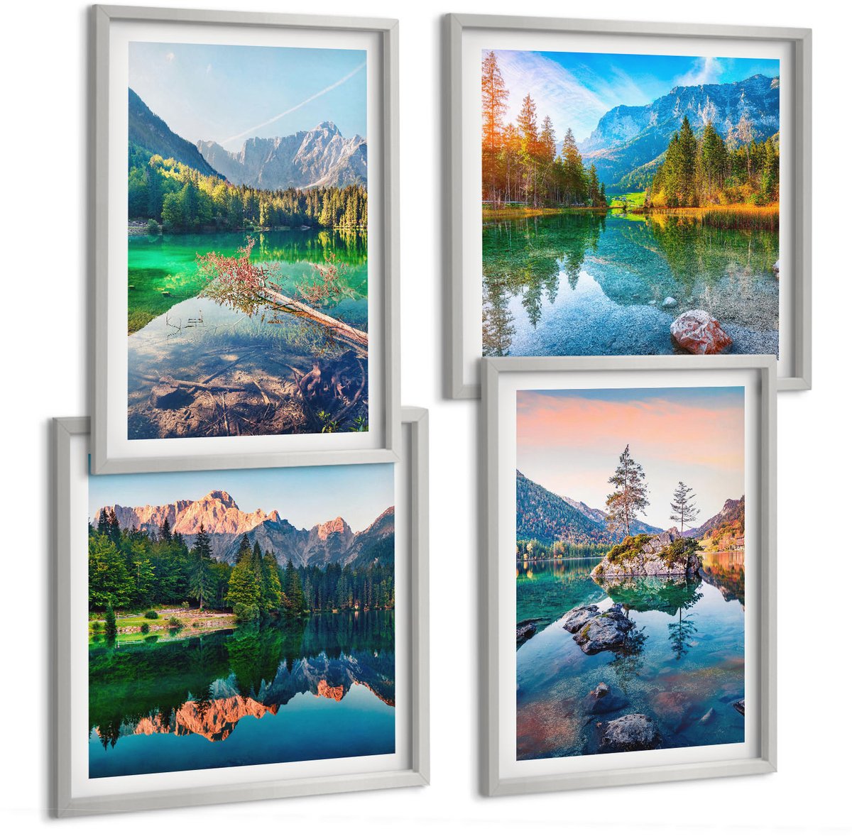 TULUP 4-Delige Schilderij Set - Bergmeren met water en omringende natuurlandschappen - 40 x 40 cm en 40 x 60 cm - Moderne Wanddecoratie - Woonkamer - Muurdecoratie Zilveren lijst