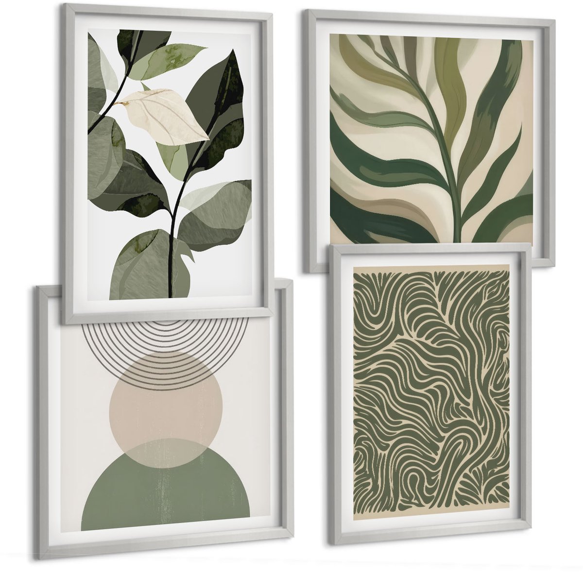TULUP 4-Delige Schilderij Set - Abstracte bladeren en geometrische vormen - 40 x 40 cm en 40 x 60 cm - Moderne Wanddecoratie - Woonkamer - Muurdecoratie Zilveren lijst