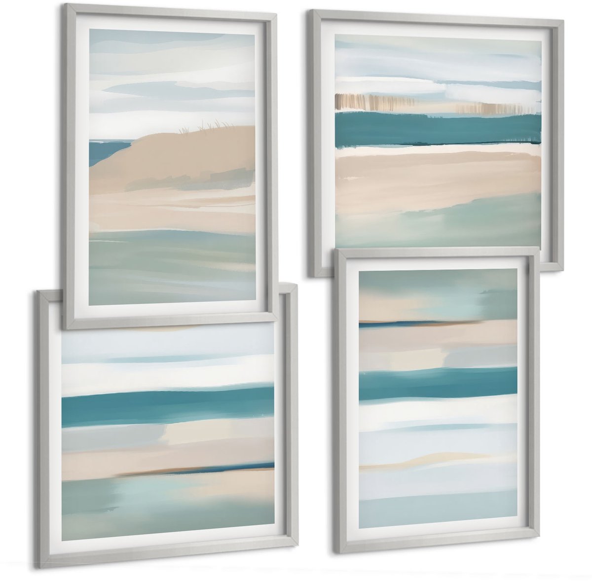 TULUP 4-Delige Schilderij Set - Abstracte landschappen in tinten blauw en beige. - 40 x 40 cm en 40 x 60 cm - Muurdecoratie - Schilderijen Set - Woonkamer Zilveren lijst