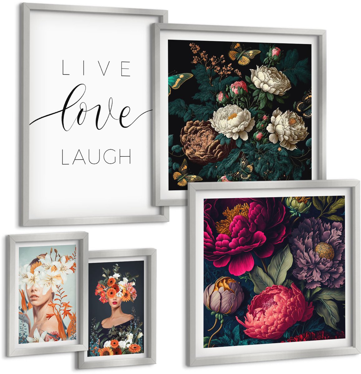 TULUP 4-Delige Schilderij Set - Bloemeninspiratie met motiverende slogans voor je interieur - 50 x 50 cm, 20 x 30 cm en 40 x 60 cm - Moderne Wanddecoratie - Slaapkamer - Muurdecoratie Zilveren lijst
