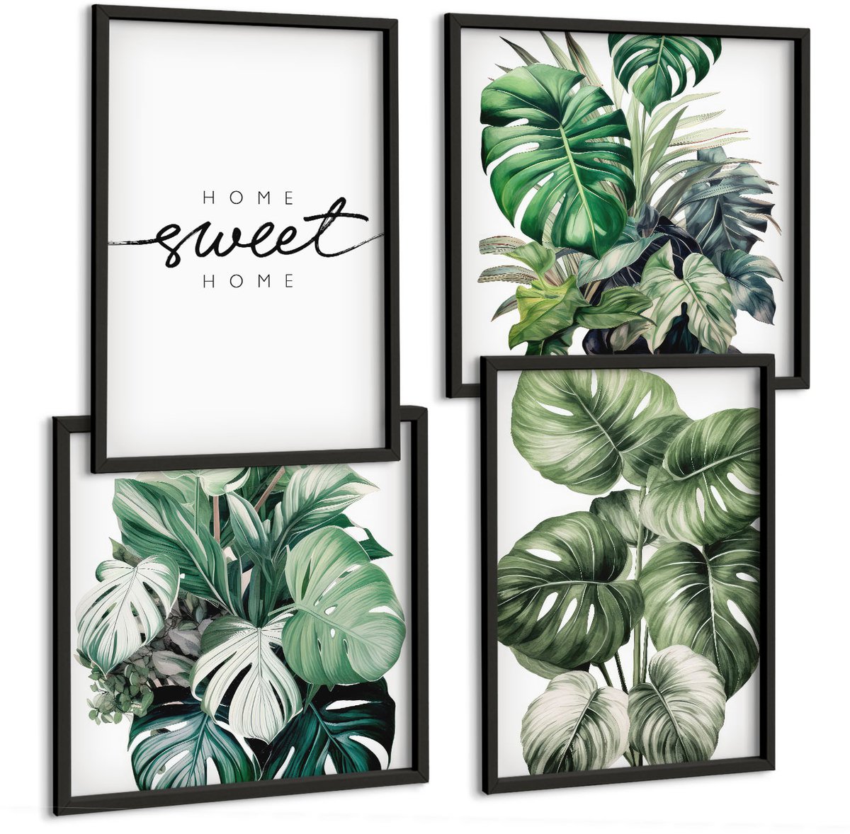Tulup 4-Delige Schilderij Set - Planten in het groen met de woorden Sweet Home - 40 x 40 cm en 40 x 60 cm - Schilderijen Set - Wanddecoratie - Woonkamer - Decoratieve Schilderijen