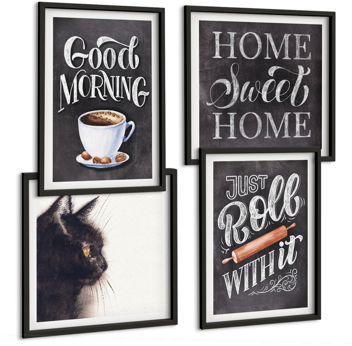 Tulup 4-Delige Schilderij Set - Home Keuken Motieven Kat Schoolbord Lettering - 40 x 40 cm en 40 x 60 cm - Schilderijen Set - Wanddecoratie - Woonkamer - Stijlvolle Muurdecoratie