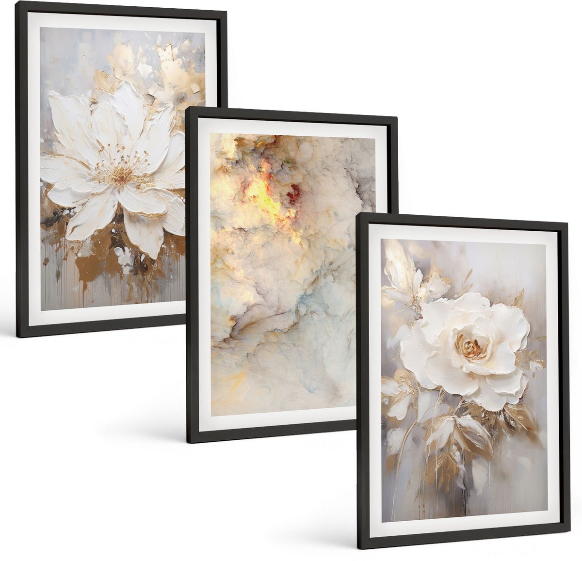 Tulup 4-Delige Schilderij Set - Bloemen op een lichte achtergrond met abstracte patronen. - 40 x 60 cm - Muurdecoratie - Decoratieve Schilderijen - Wohnzimmer - Interieur Decoratie