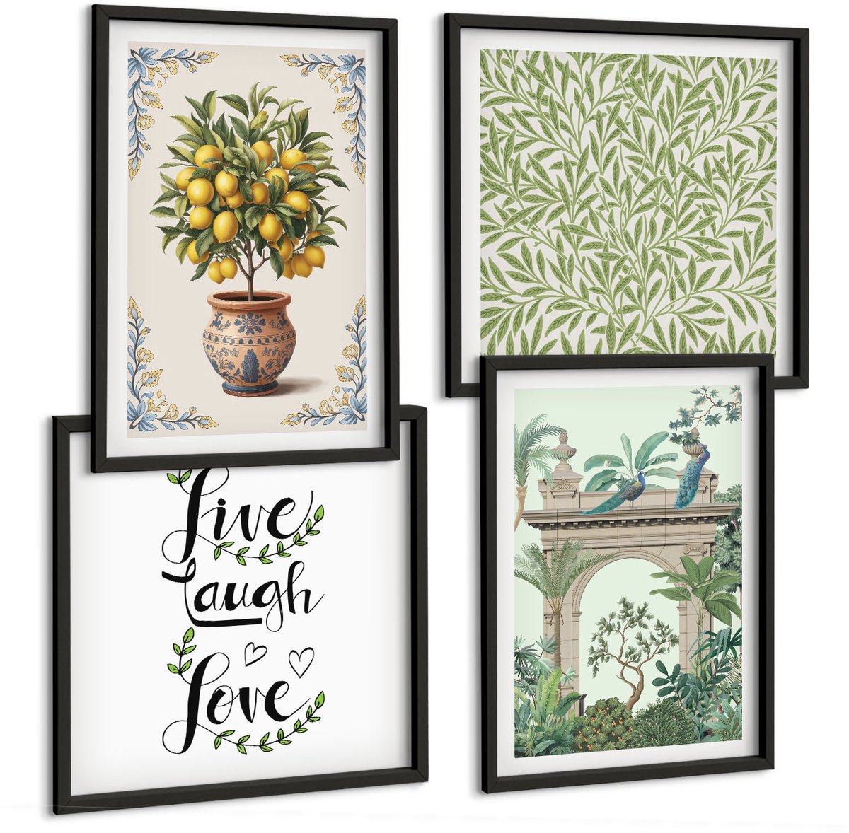 Tulup 4-Delige Schilderij Set - Groene bladeren, letters en exotische planten, citroenboom - 40 x 40 cm en 40 x 60 cm - Decoratieve Schilderijen - Woonkamer - Interieur