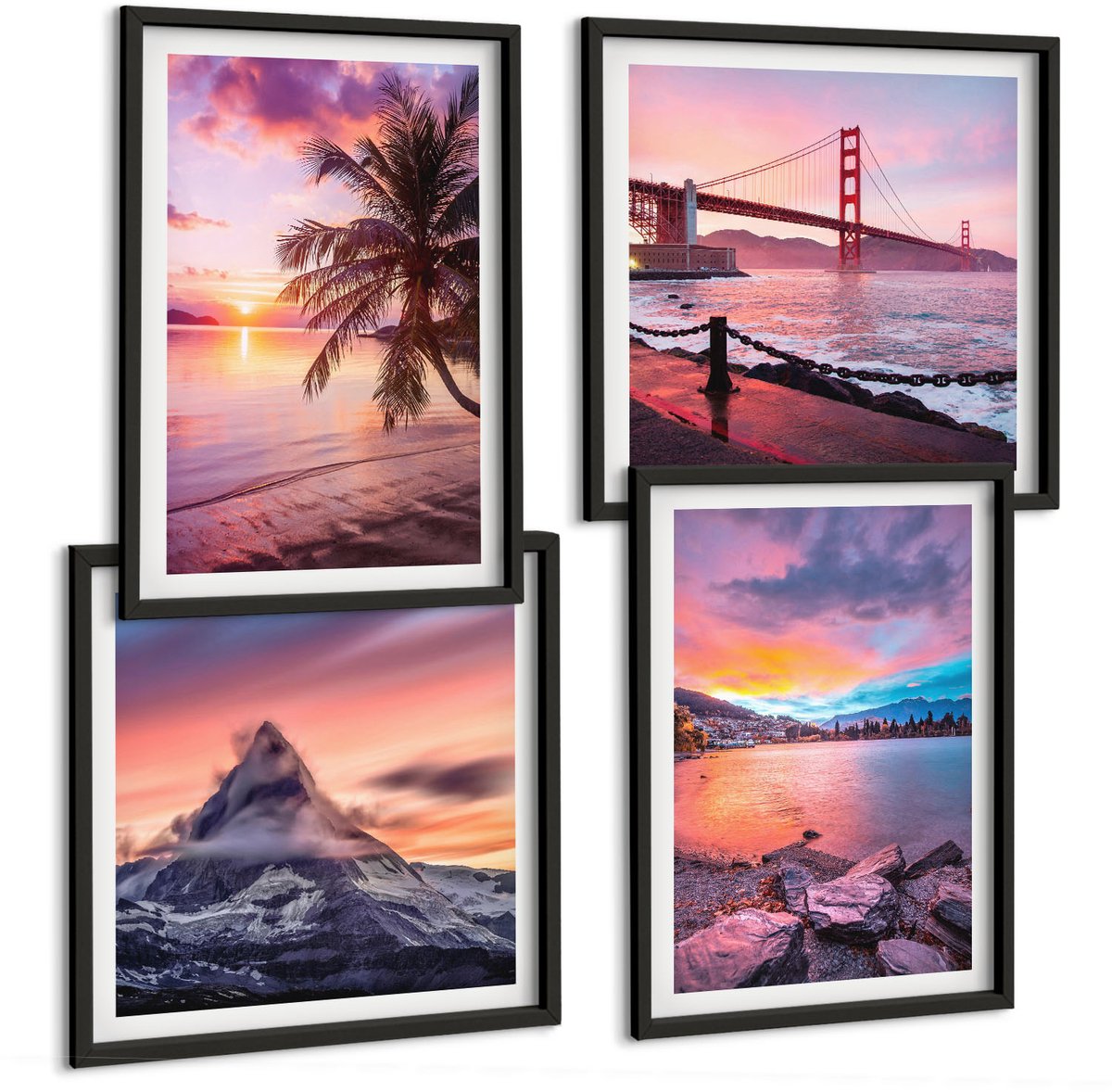 Tulup 4-Delige Schilderij Set - Zonsondergangen boven de brug en het waterlandschap - 40 x 40 cm en 40 x 60 cm - Decoratieve Muurdecoratie - Slaapkamer - Interieur Decoratie