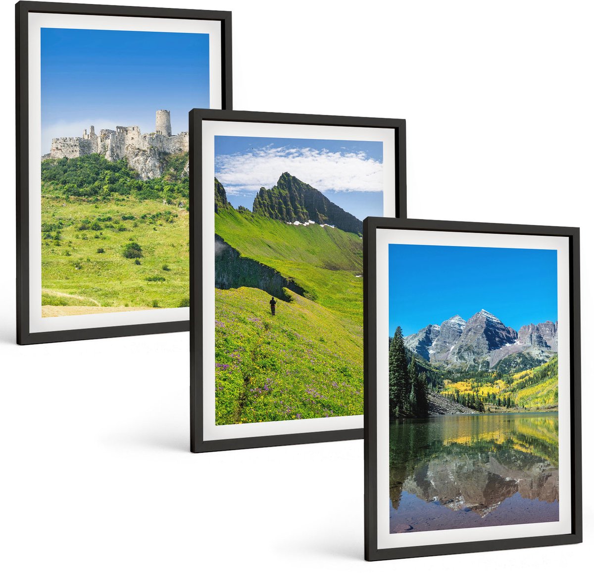 Tulup 4-Delige Schilderij Set - Groene heuvels met een kasteel en berglandschappen - 40 x 60 cm - Moderne Wanddecoratie - Slaapkamer - Stijlvolle Muurdecoratie