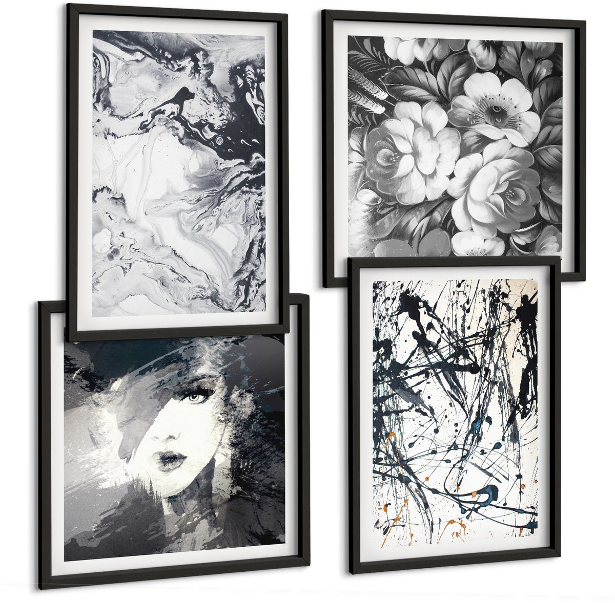 Tulup 4-Delige Schilderij Set - Abstracte patronen in zwart-wit tinten - 40 x 40 cm en 40 x 60 cm - Muurdecoratie - Schilderijen Set - Woonkamer