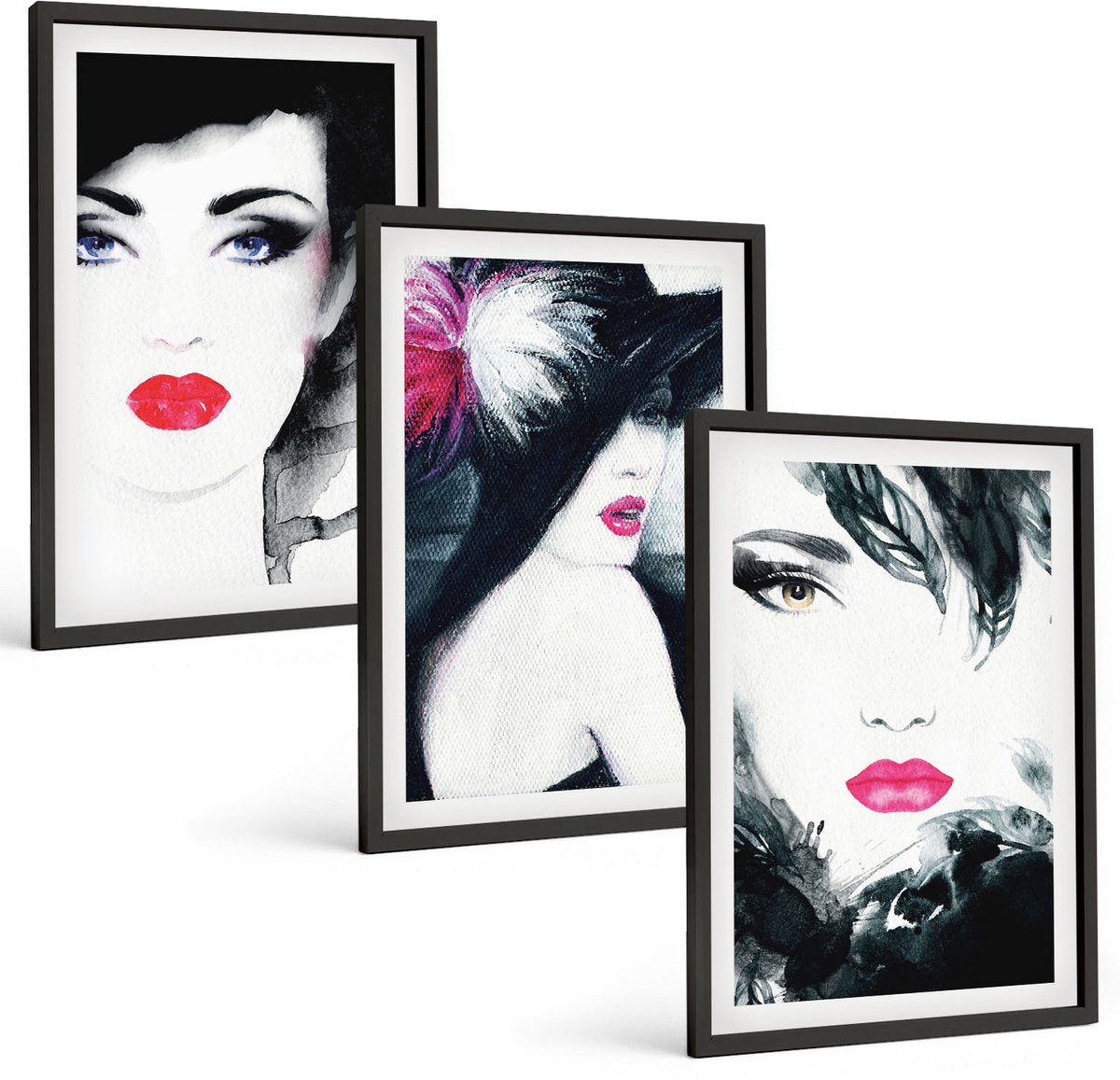 Tulup 4-Delige Schilderij Set - Geschilderde portretten van vrouwen met expressieve lippen - 40 x 60 cm - Moderne Wanddecoratie - Woonkamer - Decoratieve Schilderijen