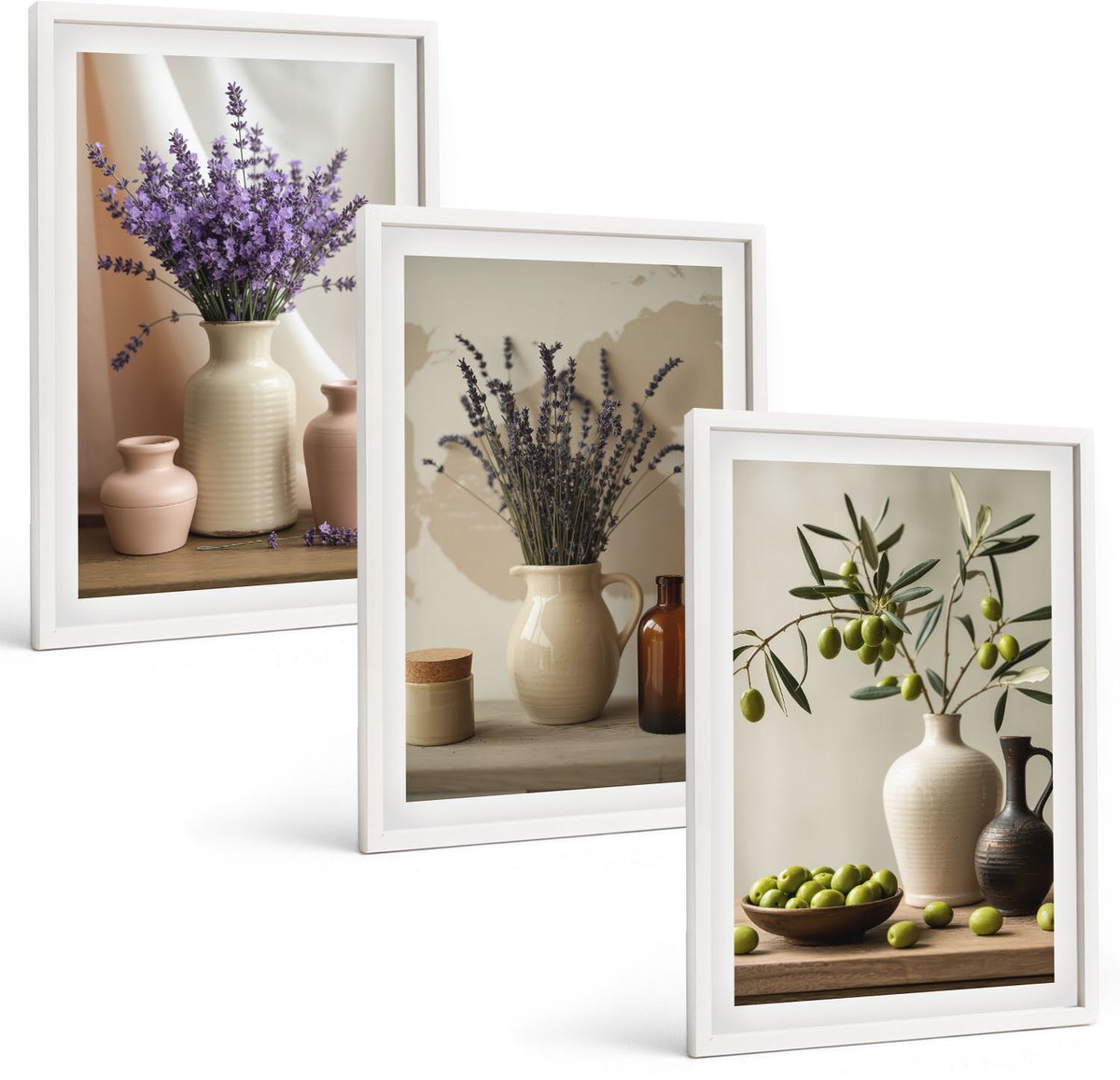 Tulup 3-Delige Schilderij Set - Lavendelbloemen, olijven en keramische vazen - 40x60 - Muurdecoratie - Wanddecoratie - Hal