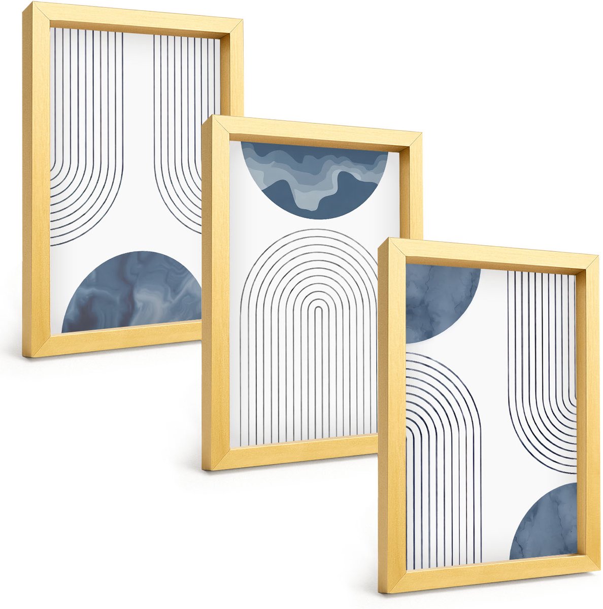 TULUP 4-Delige Schilderij Set - Abstracte patronen in blauw-witte tinten - 20 x 30 cm - Muurdecoratie - Decoratieve Schilderijen - Wohnzimmer - Wanddecoratie Gouden lijst