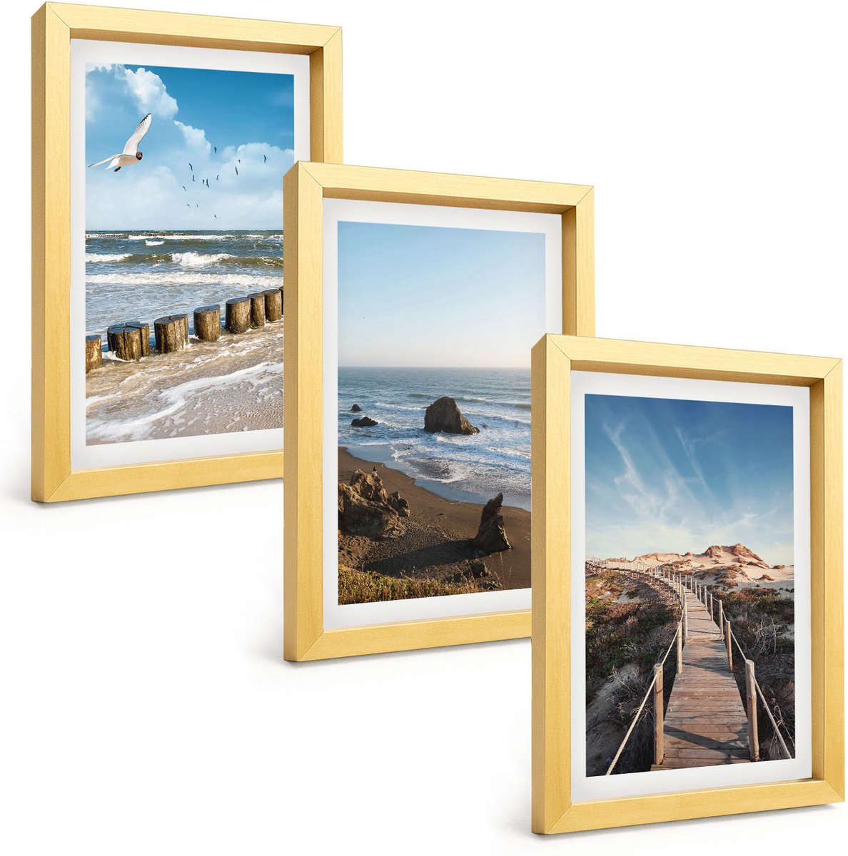 TULUP 4-Delige Schilderij Set - Uitzicht op het strand met golven, de lucht en een wandelpier. - 20 x 30 cm - Moderne Wanddecoratie - Woonkamer - Woonkamer Decoratie Gouden lijst