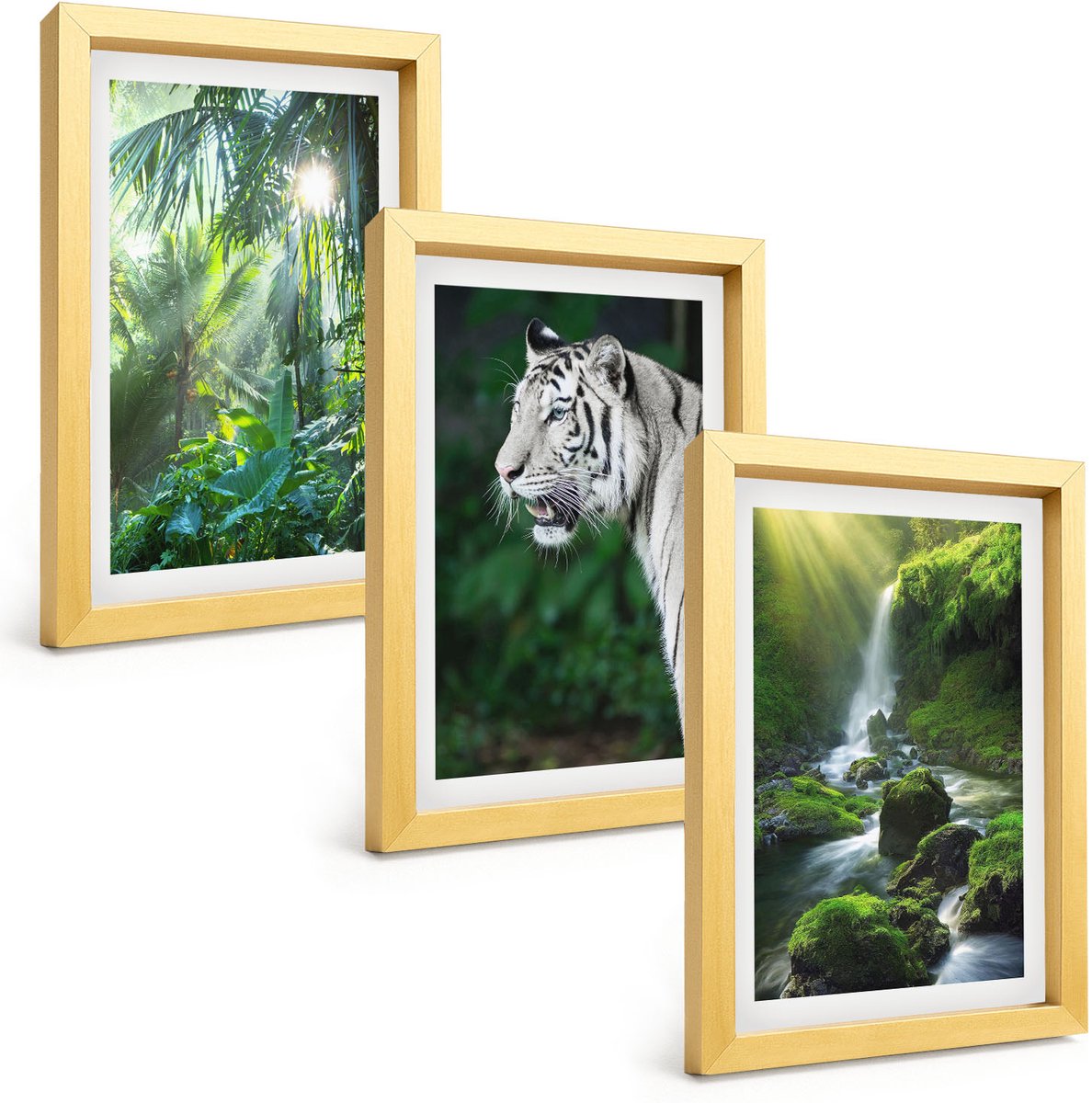 TULUP 4-Delige Schilderij Set - Jungle met een witte tijger en een wilde waterval - 20 x 30 cm - Wanddecoratie - Moderne Interieurdecoratie - Interieur Decoratie Gouden lijst