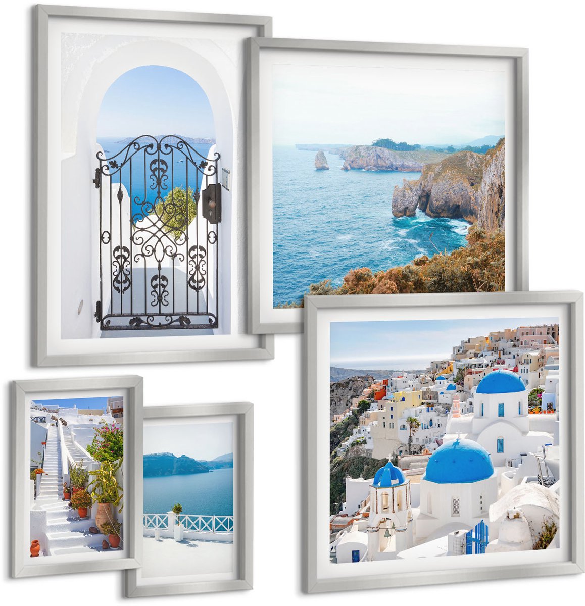 TULUP 4-Delige Schilderij Set - Uitzicht op Santorini: de blauwe zee en de witte huizen. - 50 x 50 cm, 20 x 30 cm en 40 x 60 cm - Decoratieve Schilderijen - Wanddecoratie - Hal - Muurdecoratie Zilveren lijst