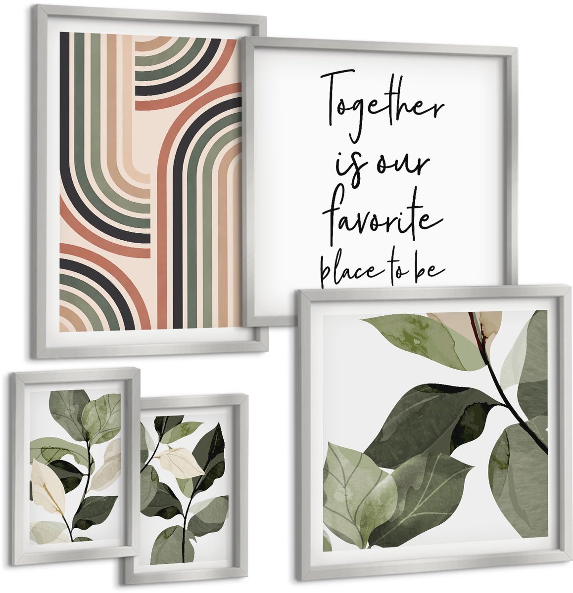 TULUP 4-Delige Schilderij Set - Stijlvolle plantaccenten met geometrische patronen - 50 x 50 cm, 20 x 30 cm en 40 x 60 cm - Moderne Wanddecoratie - Woonkamer - Muurdecoratie Zilveren lijst