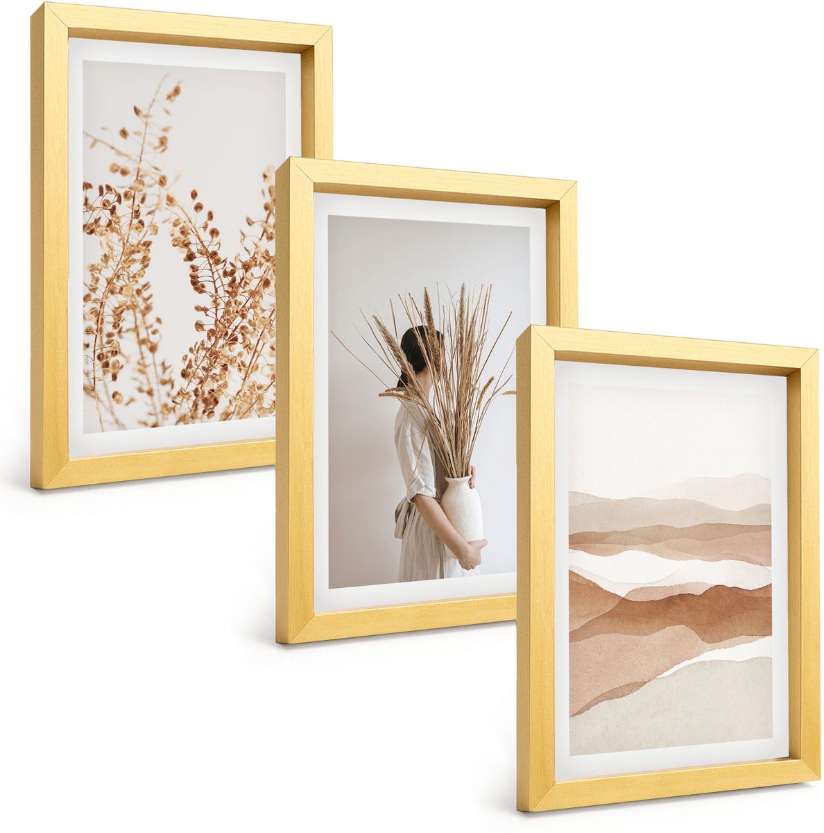 TULUP 4-Delige Schilderij Set - Abstracte plantmotieven in rustieke boho-stijl - 20 x 30 cm - Wanddecoratie - Schilderijen Set - Kantoor - Interieur Decoratie Gouden lijst