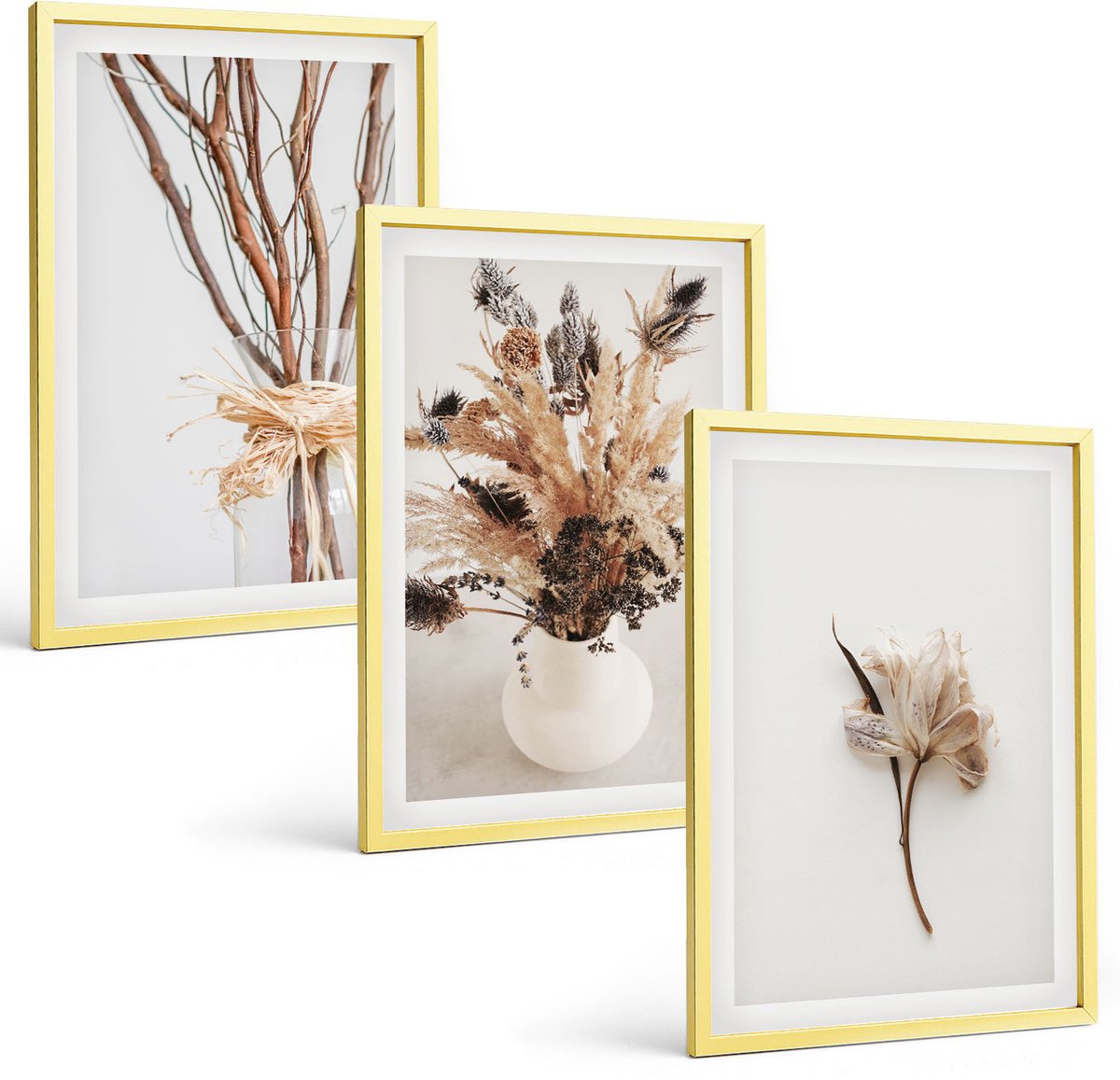 TULUP 4-Delige Schilderij Set - Bloemen en takken in een minimalistische, natuurlijke stijl. - 40 x 60 cm - Wanddecoratie - Schilderijen Set - Interieur - Woonkamer Decoratie Gouden lijst