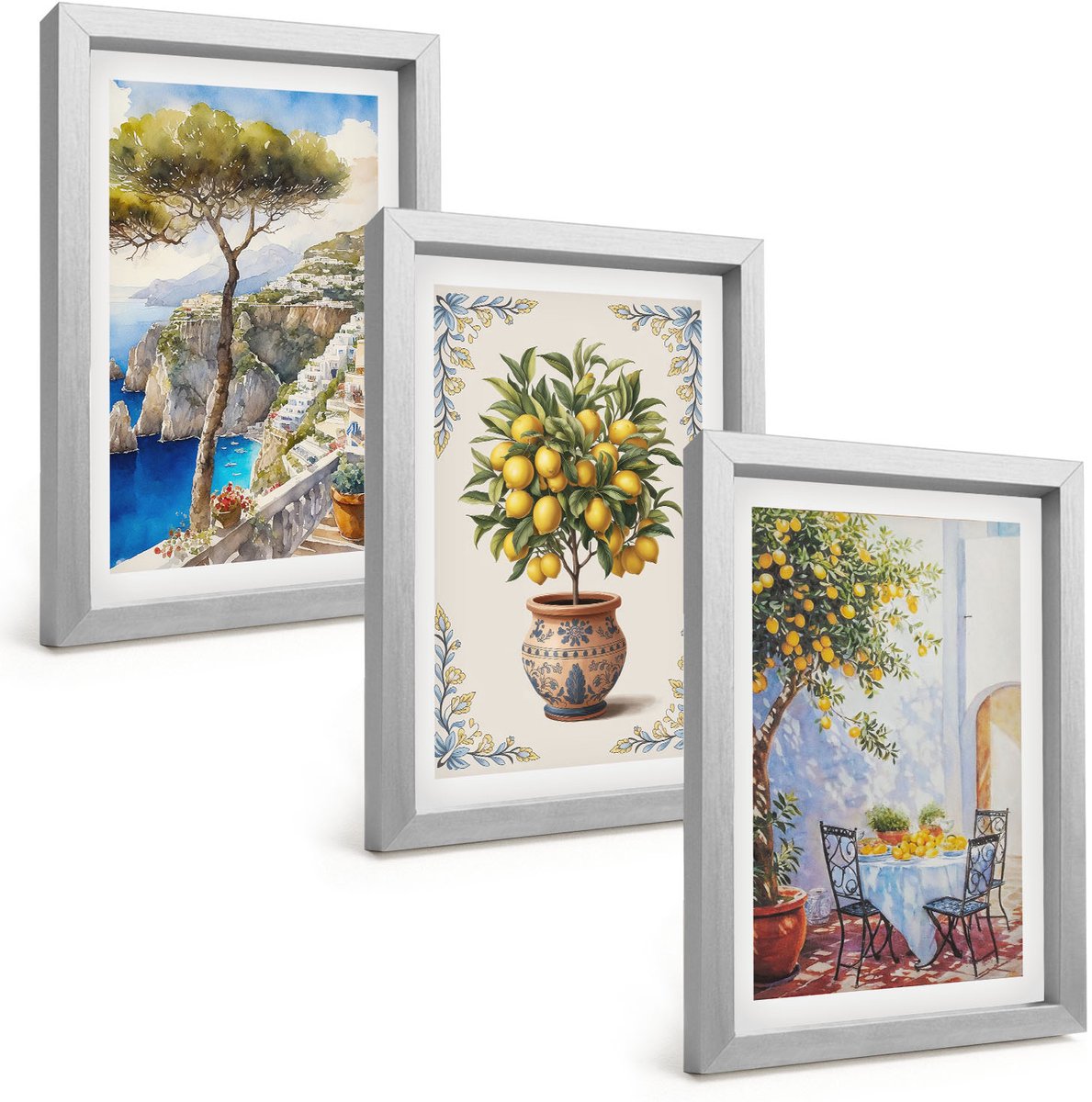 Tulup 4-Delige Schilderij Set - Zeezicht met citroenboom en tuintafel - 20 x 30 cm - Stijlvolle Muurdecoratie - Kantoor