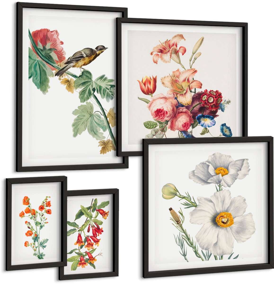 Tulup 4-Delige Schilderij Set - Vintage bloemen- en vogelmotieven voor huisdecoratie - 50 x 50 cm, 20 x 30 cm en 40 x 60 cm - Moderne Wanddecoratie - Slaapkamer