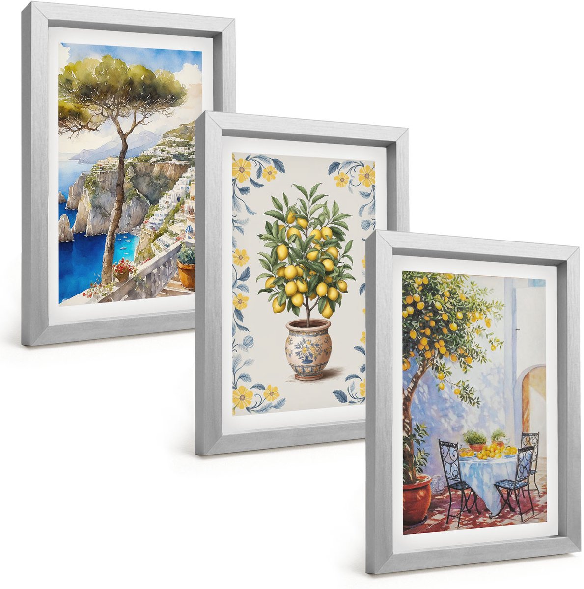 Tulup 4-Delige Schilderij Set - Zeegezicht met citroenbomen - Italiaanse schilderijen - 20 x 30 cm - Wanddecoratie - Muurdecoratie - Woonkamer