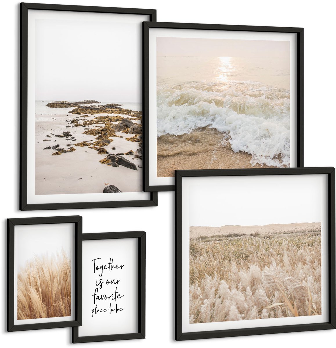 Tulup 4-Delige Schilderij Set - Natuurlijke strandlandschappen met natuurthema en citaat - 50 x 50 cm, 20 x 30 cm en 40 x 60 cm - Muurdecoratie - Decoratieve Schilderijen - Wohnzimmer