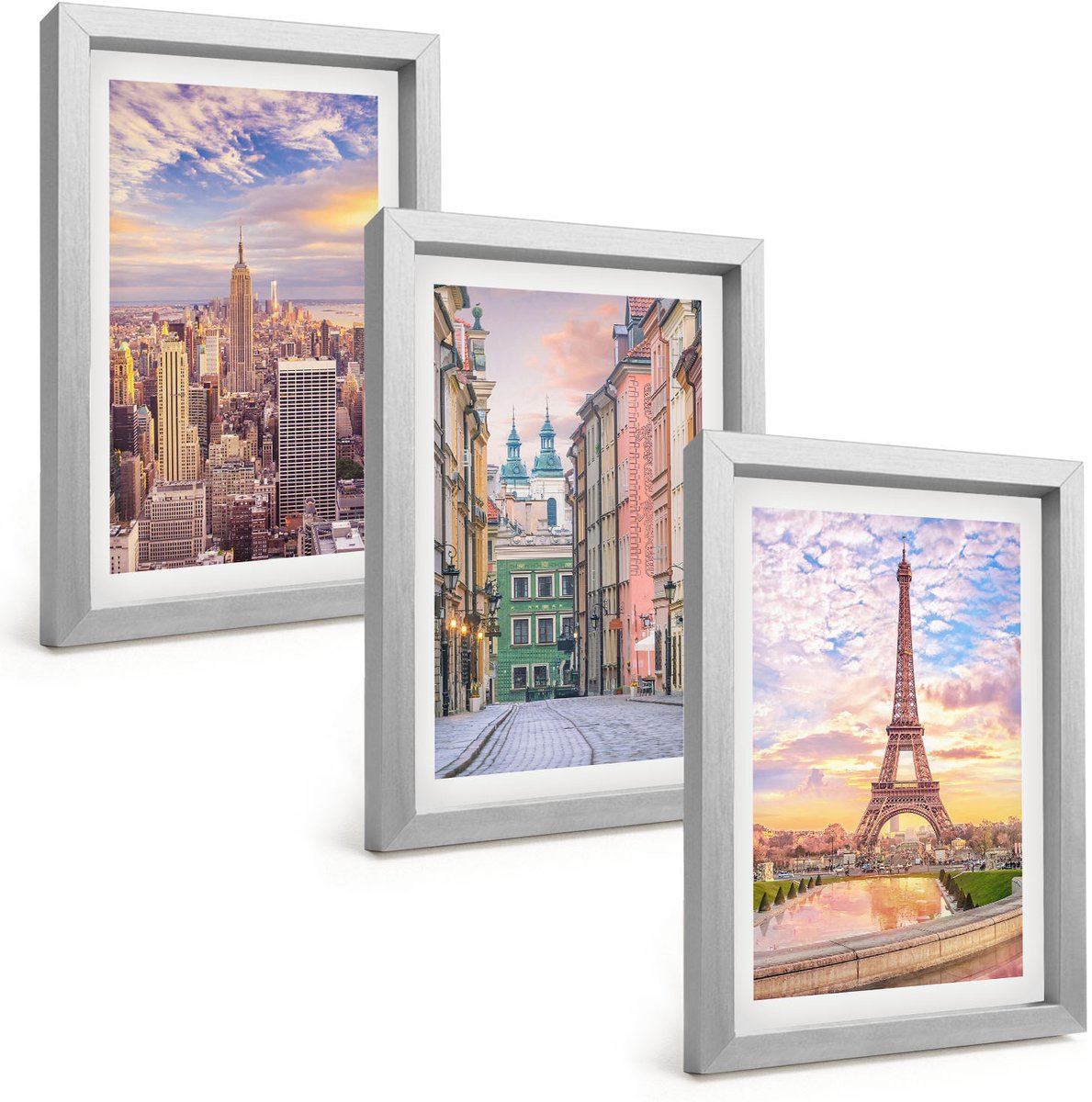 Tulup 4-Delige Schilderij Set - Uitzicht op de steden New York, Parijs en Warschau bij zonsondergang. - 20 x 30 cm - Wanddecoratie - Schilderijen Set - Interieur - Moderne Wanddecoratie