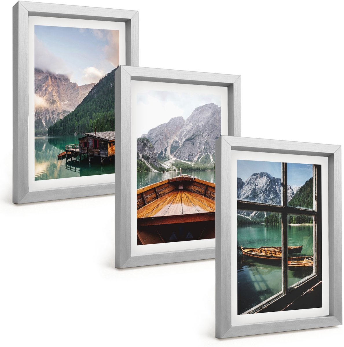 Tulup 4-Delige Schilderij Set - Bergmeer met een boot en houten huisjes - 20 x 30 cm - Muurdecoratie - Schilderijen Set - Woonkamer - Decoratieve Schilderijen