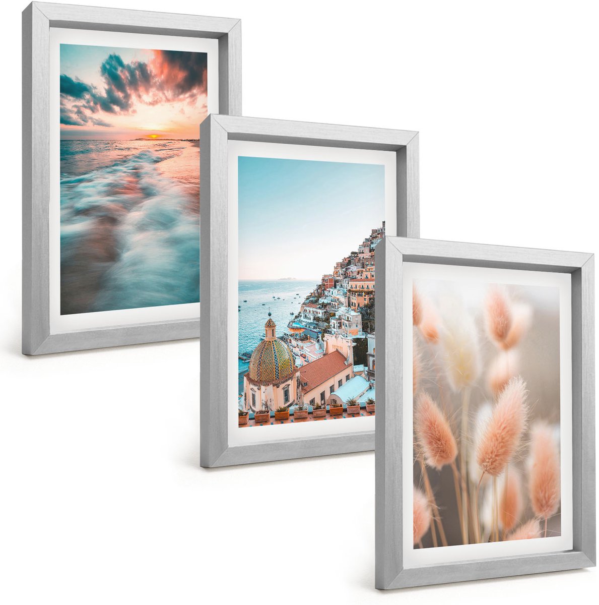 Tulup 4-Delige Schilderij Set - Uitzicht op zee, zonsondergang, kleurrijke huizen, bloemen - 20 x 30 cm - Decoratieve Muurdecoratie - Slaapkamer - Wanddecoratie