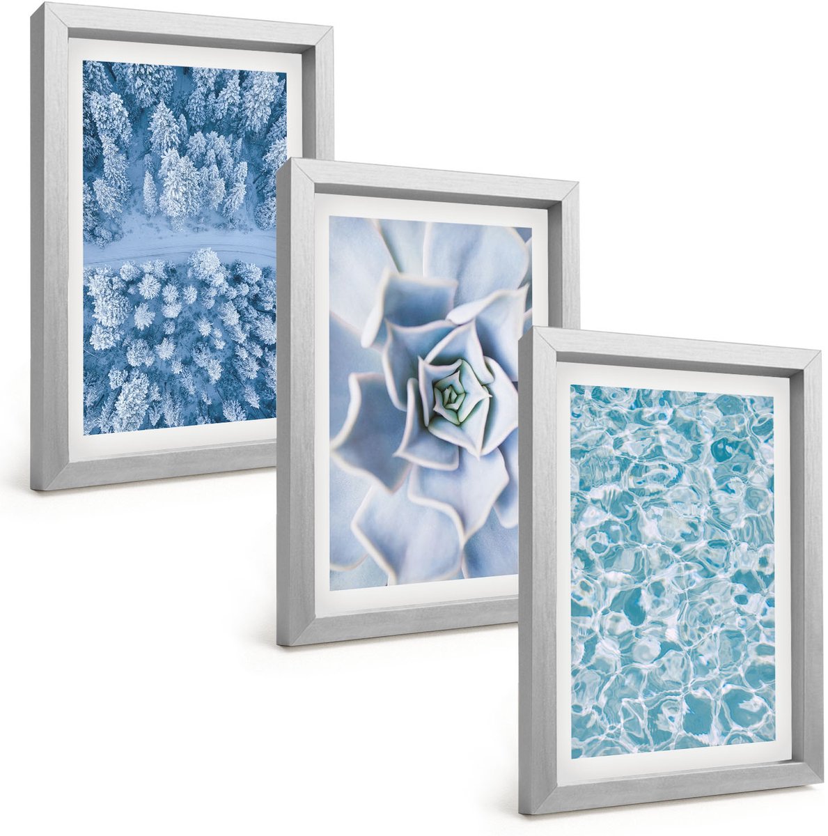 Tulup 4-Delige Schilderij Set - Winterbos, blauwe bloem, blauw wateroppervlak - 20 x 30 cm - Wanddecoratie - Schilderijen Set - Interieur - Woonkamer Decoratie