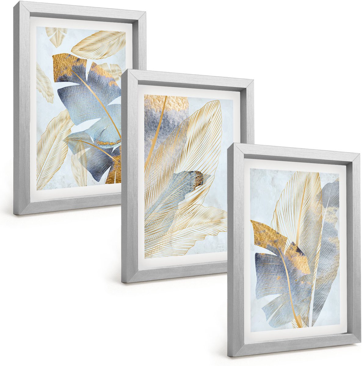 Tulup 4-Delige Schilderij Set - Bladeren in blauwe en beige tinten op een lichte achtergrond. - 20 x 30 cm - Decoratieve Schilderijen - Woonkamer - Interieur - Interieur Decoratie