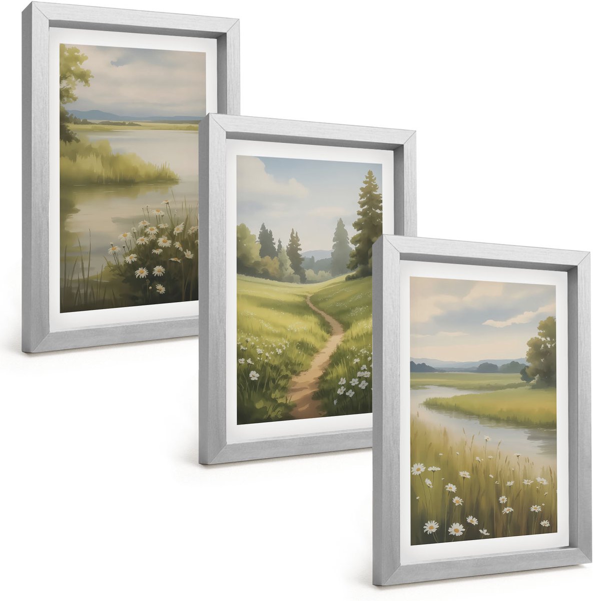 Tulup 4-Delige Schilderij Set - Lentelandschap met een rivier, pad en bloemenweide - 20 x 30 cm - Muurdecoratie - Wanddecoratie - Hal - Woonkamer Decoratie