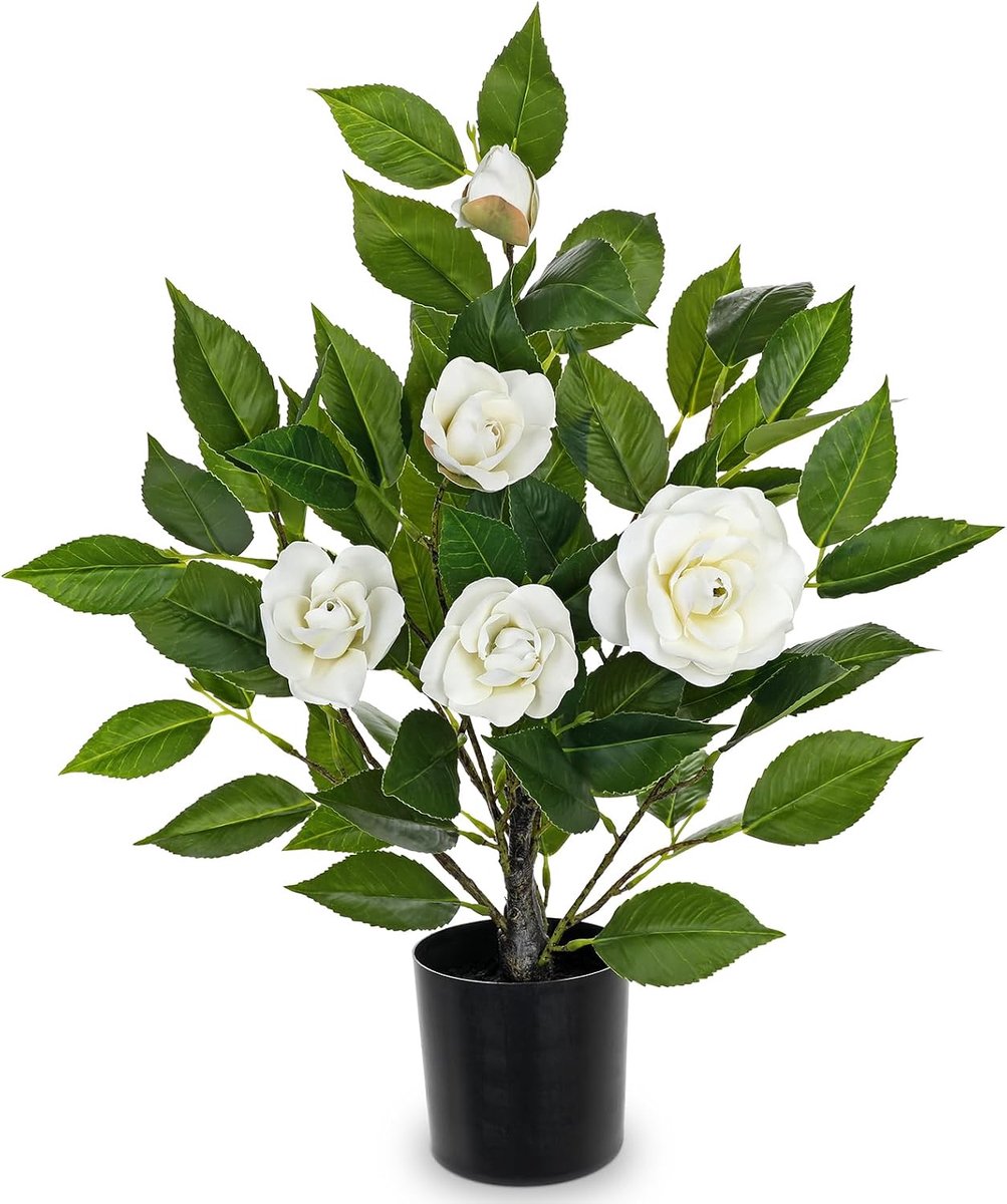 Oairse Artificial White Potted Camellia Flower Plant, 17.7 Inch Faux Potted Plant with Realistic Green Leaves Fake - ShopVlot