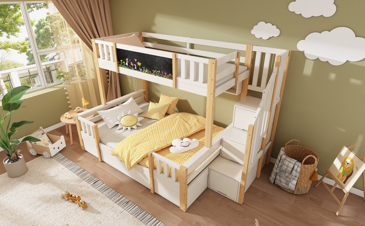 Stapelbed - 90/140 x 200 cm - 2 slaapplaatsen - met opbergruimte - met trap - Naturel en Wit